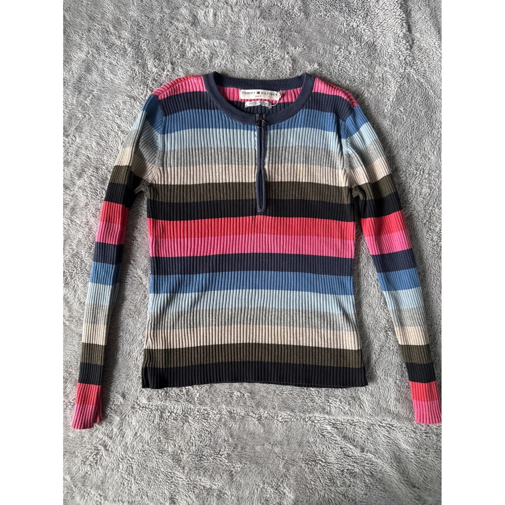 Tommy Hilfiger Jeans Ribbed Stripe Quarter Zip Sweater 90s Y2K L Preppy